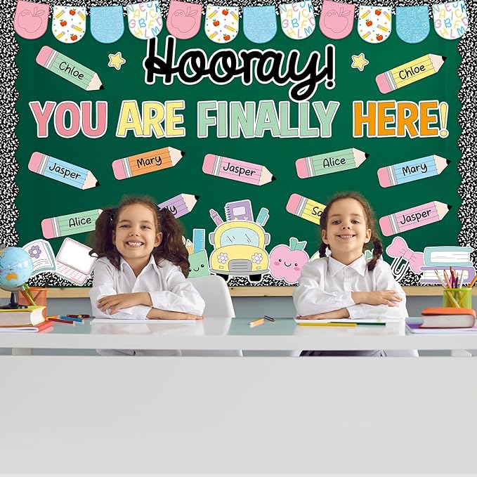Back to School Bulletin Board Decorations Composition Notebook Bulletin Board Set Colorful Notebook Pencil Paper Cutouts Hooray You're Finally Here for First Day of School Classroom Decor Supplies