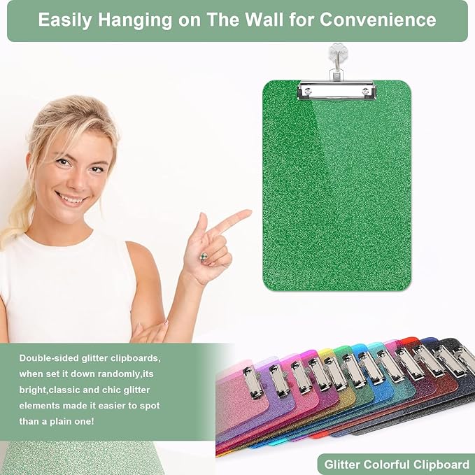 SFLHHDM Clear Glitter Clipboards, Plastic Clipboard with Pen Holder, Clip Boards 8.5x11 with Low Profile Clip, Cute Hanging Clip Board for Office School Supplies Sparkly Clipboard (Christmas Green)