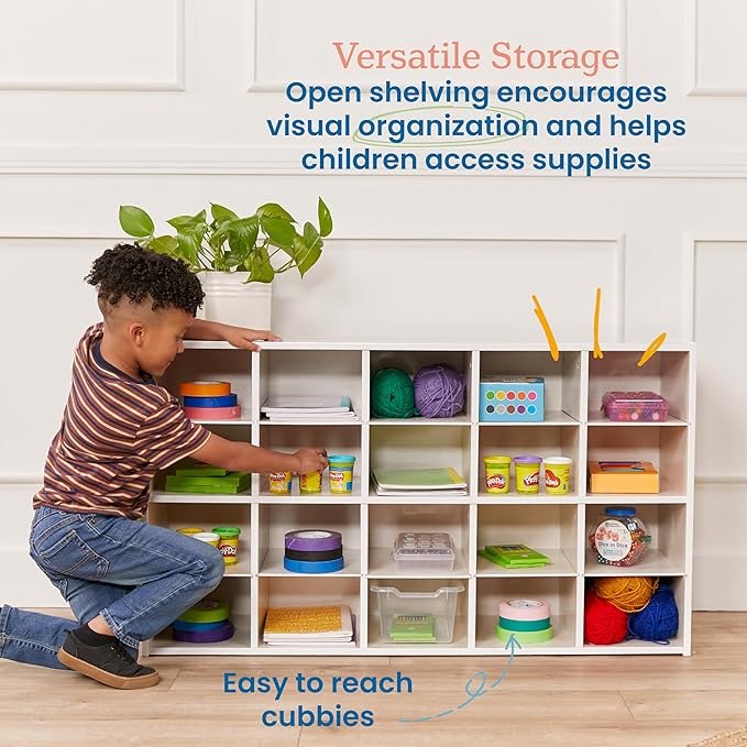 ECR4Kids Streamline 20 Cubby Tray Storage Cabinet, 4x5, Classroom Furniture, White Wash