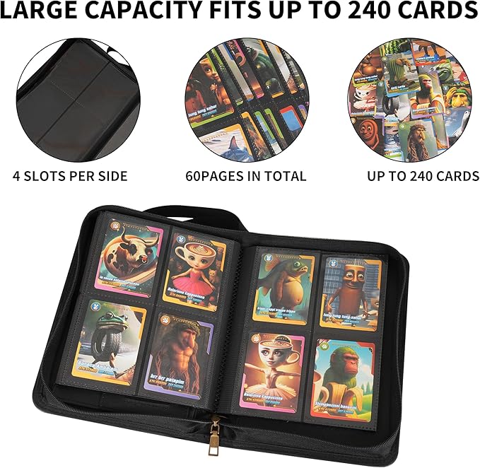 Wonderpool Card Binder A5 Album Zippered 4-Pocket Trading for 240 Cards - Leather PU Card Holder Collection Storage Folder, Side-Loading for Photo Pokemon, MTG, TCG, Yugioh, Sports Cards (Black)