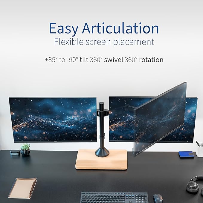VIVO Freestanding Dual Monitor Stand with Solid Wood Base and Adjustable Arms, Mounts 2 Screens up to 32 inch and 22 lbs Each, Black, STAND-V002FD-B