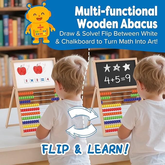 Wooden Abacus for Kids Math - Double-Sided Blackboard Whiteboard for Toddlers with 308 Magnetic Number & Fruit Cards, 100 Counting Sticks Montessori Educational Toys Homeschool Essentials