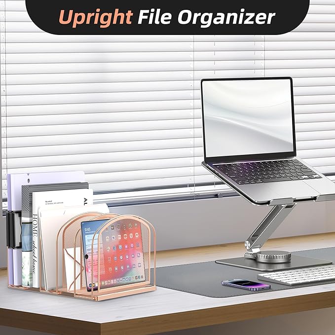 SUPEASY File Organizer for Desk, 5-Section Mesh Desk Organizer, Vertical File Holder Desktop Organizer File Sorter, File Folder Holder for Office Supplies, Rose Gold (Pack of 2)