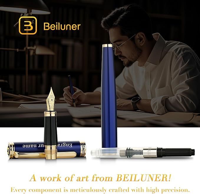 BEILUNER Blue Personalized Fountain Pen,Stunning Luxury Lacquer,24K Gilded Nib(Fine),Gorgeous 24K Gold Finish, Ink Converter,Fancy Gift for Men&Women-Elegant, Graduation,Nice Pens for Writing
