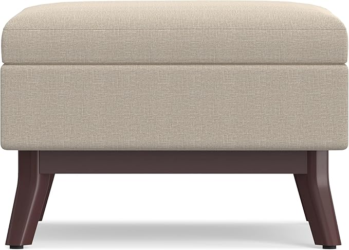 SIMPLIHOME Owen Coffee Table Storage Ottoman - 34 inch Wide Upholstered Linen Look Fabric Rectangular Lift-Top Ottoman in Natural, Mid-Century Modern Bench for Living Room with Tapered Legs