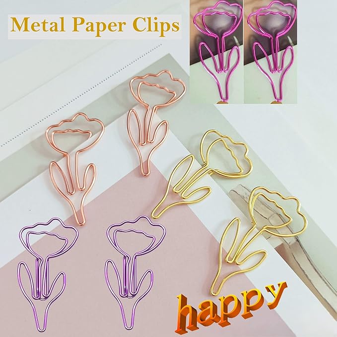 80 Pcs Metal Paper Clips Set - Multicolored Rose-Shaped Cute Paperclips for School and Office File Organization, Suitable for Party and Wedding Decor (ROSEFLOWER)