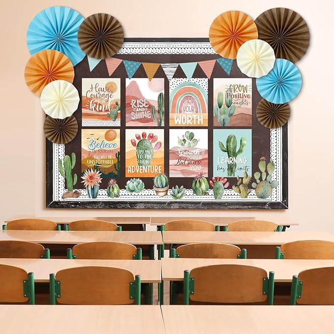 Pajean 62 Pcs Boho Desert Classroom Bulletin Board Decorations with 3D Paper Fans Inspirational Posters Cactus Cutouts Motivational Growth Mindset Bulletin Board for School Classroom Home Decorations