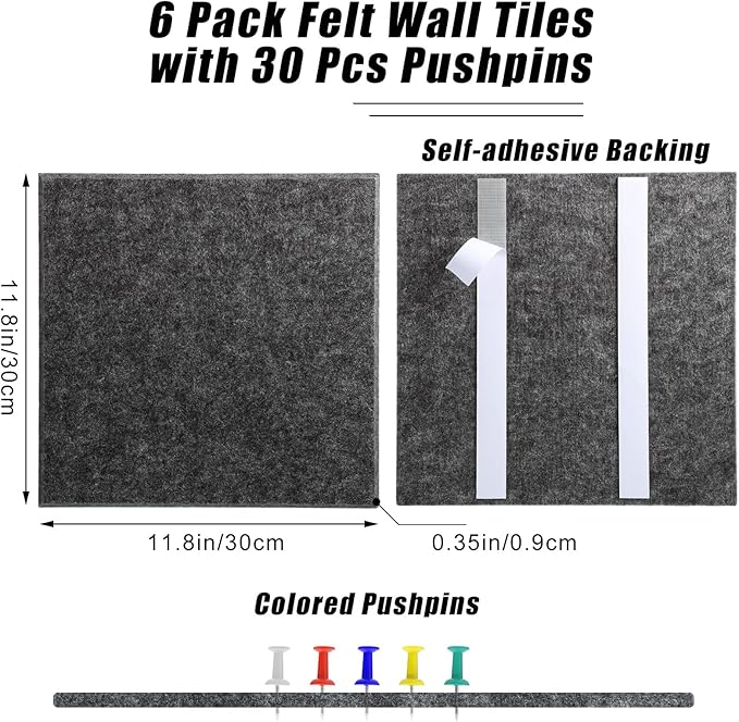 Large Cork Board 36" x 24", 6 Pack Felt Bulletin Board with 30 Pushpins, Cork Boards Alternative with Self-Adhesive Strips, Felt Wall Tiles Pin Boards for Walls Office Home School Decor-Dark Gray