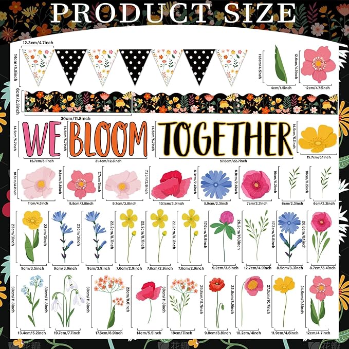 Flower Classroom Bulletin Board with Borders Floral Bulletin Board Set Colorful Wild Flower Spring Bulletin Board Decorations We Bloom Together Cutouts Classroom Back to School Supplies Wall Decor