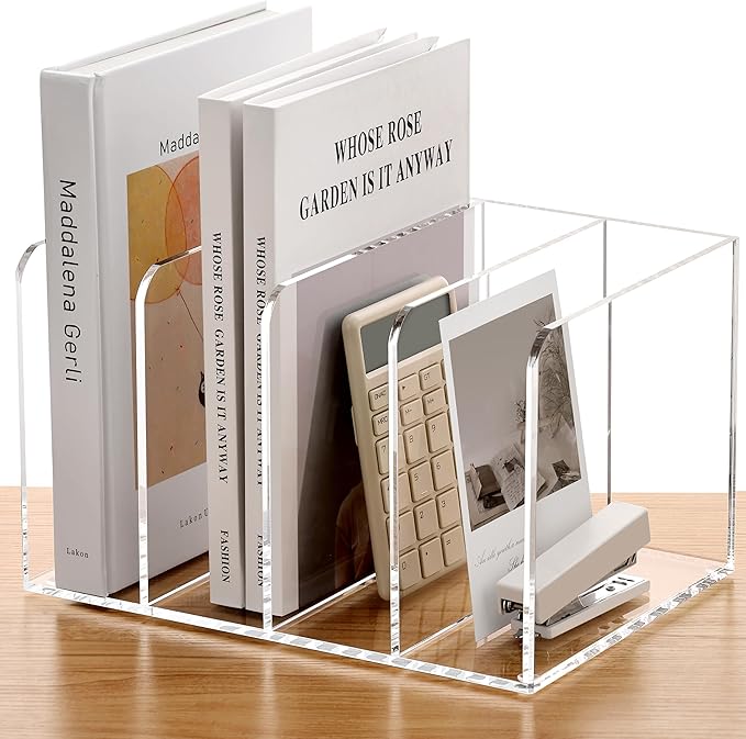 SANRUI Acrylic Magazine Holder Desk Organizer Workspace Sorters，Clear Bookend File Sorter Holder,Folder Rack, Office Accessories Organization Storage with 4 Vertical Compartments