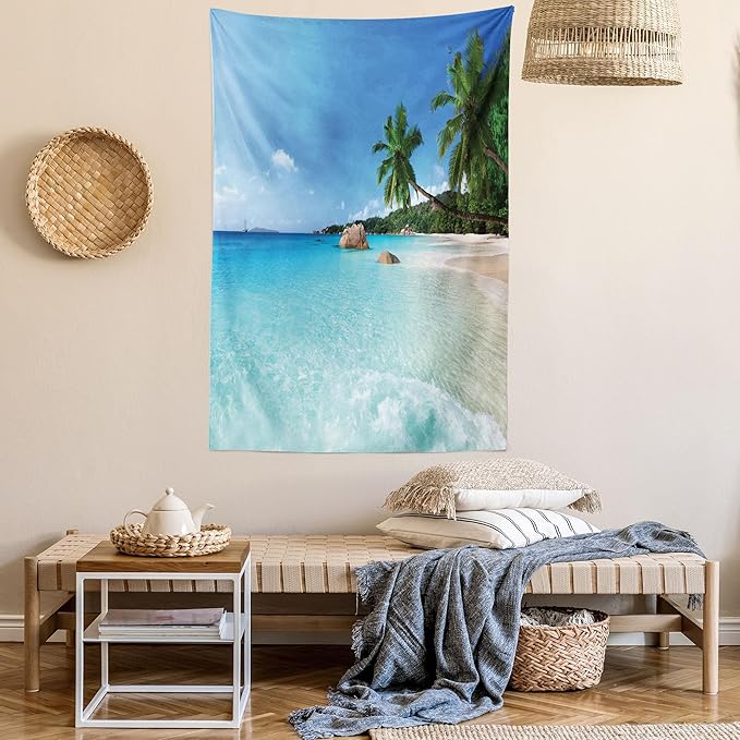 Ambesonne Ocean Tapestry Queen Size, Anse Lazio Beach at Praslin Island Surfing Beach Scenic View Travel, Wall Hanging Bedspread Bed Cover Wall Decor, 88" X 88", Blue and Turquoise