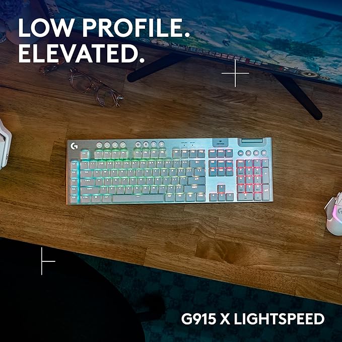 Logitech G915 X Lightspeed Low-Profile Wireless Gaming Keyboard, Double-Shot PBT Keycaps, Fully Programmable Keys, RGB Backlighting, Sleek Aluminum Finishing, GL Brown Tactile Switches-PC/Mac - White
