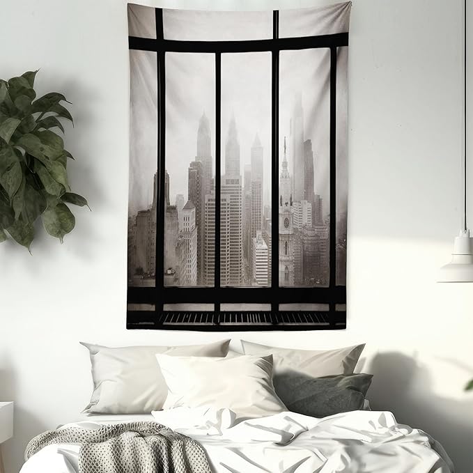 Ambesonne City Tapestry, Philadelphia City Rooftop View Through Window Skyline Landmark Rooftop Travel, Fabric Wall Hanging Decor for Bedroom Living Room Dorm, 30" X 45", Grey Black