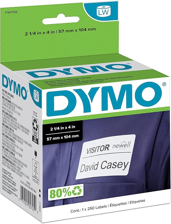 DYMO LW Self-Adhesive Name Badge Labels for LabelWriter Label Printers, White, 2-1/4'' x 4'', 1 roll of 250 (1760756)