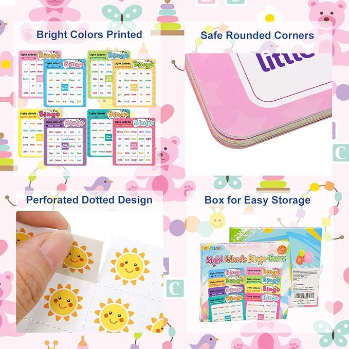 Fancy Land Sight Word Bingo Game Kids Adults Dolch's & Fry's Words Lists Bingo Set for Pre-k to 3rd Grade Educational Games Home Classroom Activities Supplies
