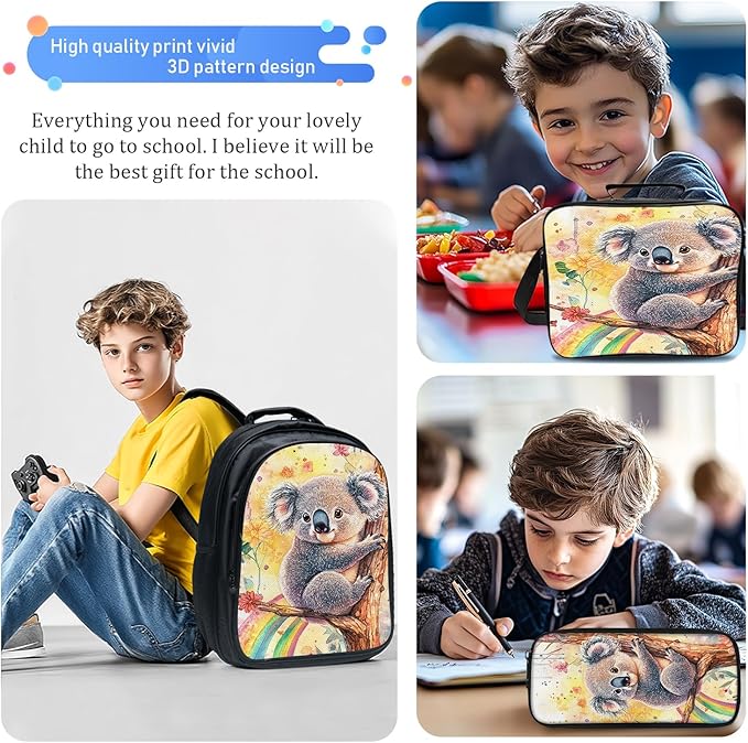 Cute Koala Backpack Set 3 Piece School Bags and Lunch Box with Pencil Case Koala Animal Rainbow Bookbag Set for Toddler Kids Girls Boys Teens Kindergarten Elementary Middle