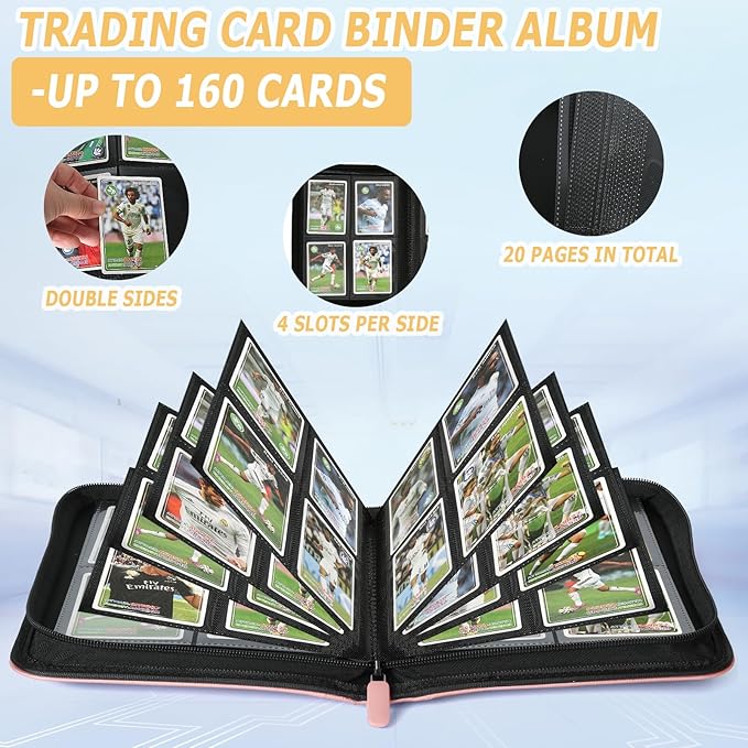Trading Card Binder 4 Pocket, GERMUN PU Cover Card Binder for 160 Cards, Premium Trading Card Holder Folders, Double Sided Pocket Card Album for MTG, TCG (Pink)