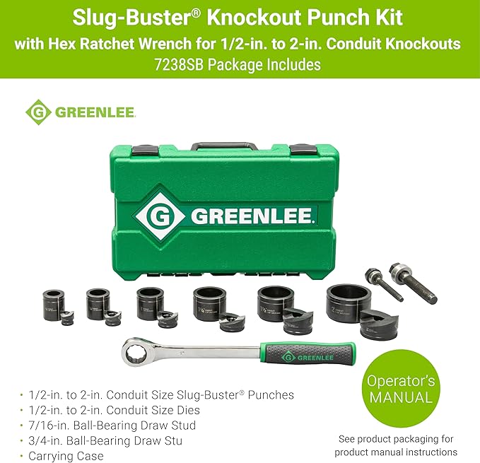 Greenlee 7238SB Slug-Buster Knockout Punch Kit with Hex Ratchet Wrench, 1/2" to 2" Punches, and 7/16" and 3/4" Draw Studs, Electrical Conduit Hole Cutter Kit, Low Carbon Steel