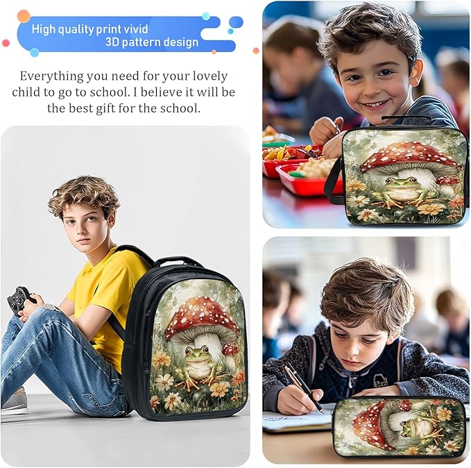 Mushroom Frog Backpack Set 3 Piece School Bags and Lunch Box with Pencil Case Green Cute Frogs Mushrooms Bookbag Set for Toddler Kids Girls Boys Teens Kindergarten Elementary Middle