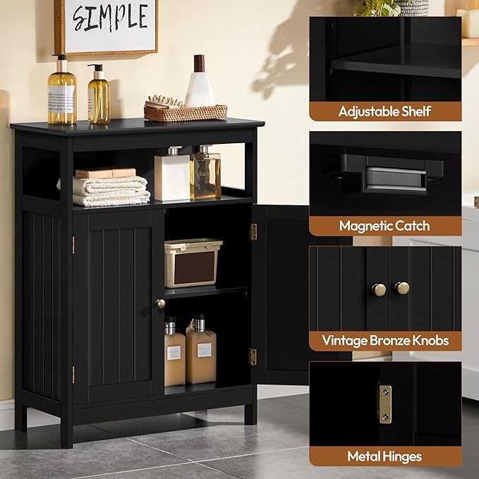 Yaheetech Bathroom Storage Cabinet, Wooden Free Standing Storage Organizer with 2 Doors & 1 Open Compartment, Adjustable Shelf,Floor Cabinet for Bathroom, Living Room, Hallway, Black