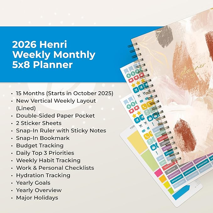 Blue Sky 15 Month 2026 Weekly and Monthly Planner Calendar, October 2025 - December 2026, 5" x 8", Hard Cover, Durable Twin Wire Binding, Laminated Tabs, Storage Pocket, Includes Ruler, Sticky Notes & Stickers, Henri
