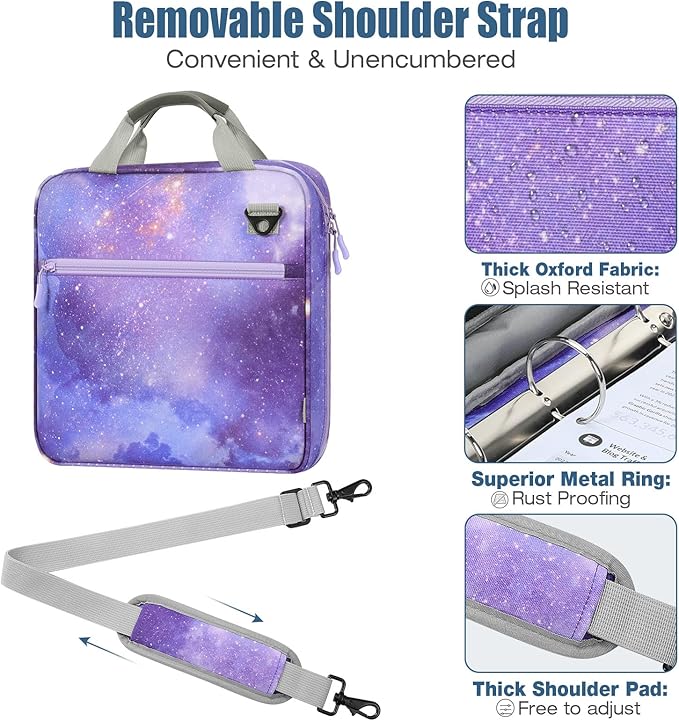 MoKo Zipper Binder, 2 inch 3 Ring Binder with 500 Sheet Capacity Multi-Pocket School Bag with Padded Shoulder Strap Handle, School Supplies Organizer for Middle Student, Star Purple