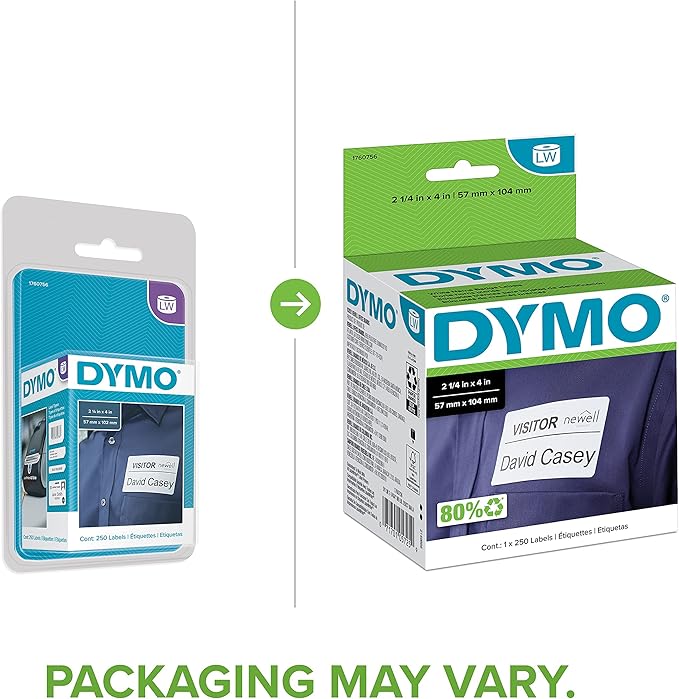DYMO LW Self-Adhesive Name Badge Labels for LabelWriter Label Printers, White, 2-1/4'' x 4'', 1 roll of 250 (1760756)