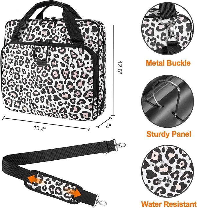 3 Ring Zipper Binder Inch D-Ring, with Strap 600 Sheet Capacity & Multi-Pockets School and Office Organizer, Compatible 13-Inch MacBook (Patent Design Leopard) 3Inch-D-ring
