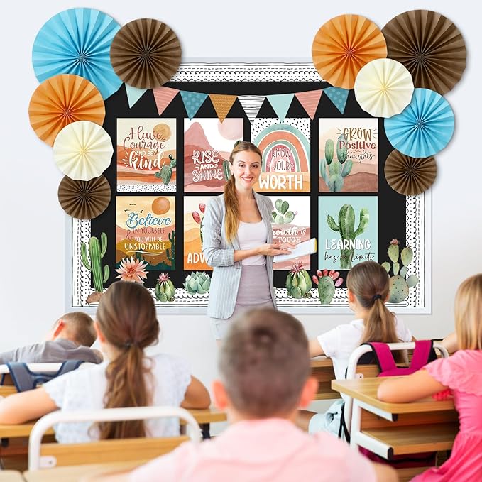 Pajean 62 Pcs Boho Desert Classroom Bulletin Board Decorations with 3D Paper Fans Inspirational Posters Cactus Cutouts Motivational Growth Mindset Bulletin Board for School Classroom Home Decorations