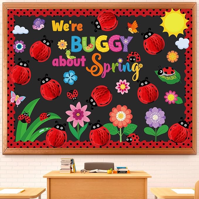Pajean 73 Pcs 3D Spring Bulletin Board Decorations with Ladybug Honeycomb Spring Bulletin Board Set Colorful Flowers Floral Cutouts for Holiday School Office Home Nursery Wall Decor Supplies