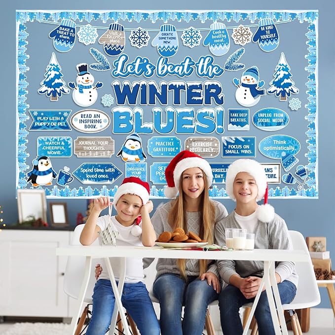 Honoson 68 Pcs Winter Bulletin Board Decorations Set Winter Mental Health Classroom Decor Snowman Snowflake Motivational Cutouts for January Xmas Holiday Party School Office Home Wall Door Supplies