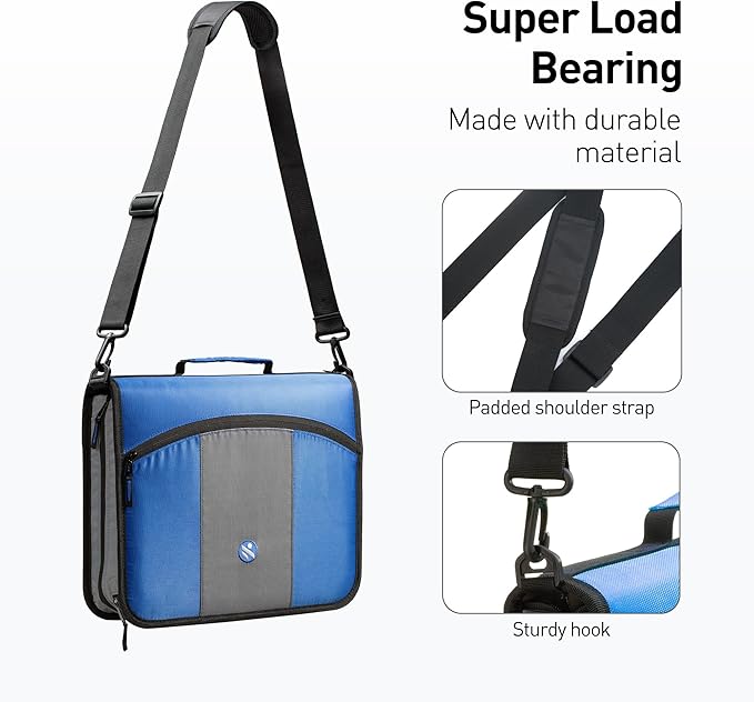 3-Inch 3 Round Rings Zipper Binder, Handle and Shoulder Strap Included, Blue