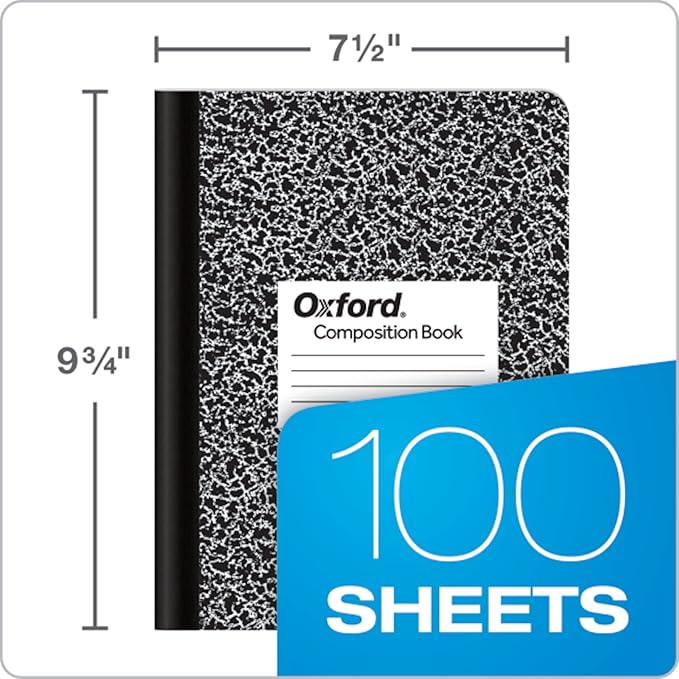 Oxford Composition Notebook, College Ruled Paper, 9-3/4" x 7-1/2", Black Marble Covers, 100 Sheets, 1 Book (63796)