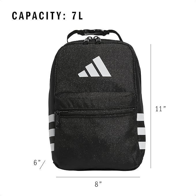 adidas Santiago Lunch Bag Cooler for Women and Men, Insulated Food Container Box with Mesh Pocket, Black/White/3.0, One Size