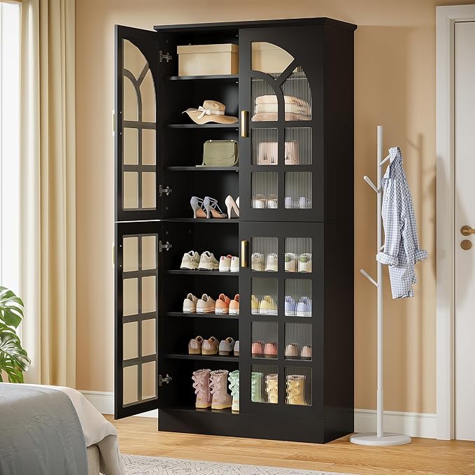 Tribesigns 69" Tall Shoe Cabinet with Doors and Led Light, 8-Tier Wooden Shoe Rack Organizer with Adjustable Shelves, Narrow Shoe Storage Cabinet for Entryway, Hallway, Living Room, Black