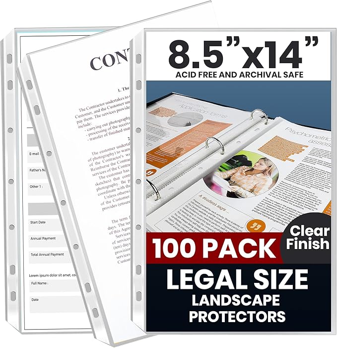 Legal Size Sheet Protectors 8.5x14, 100 Pack Heavyweight 3-Ring Binder Sleeves, Archival Quality Clear Plastic Document Storage - Performore