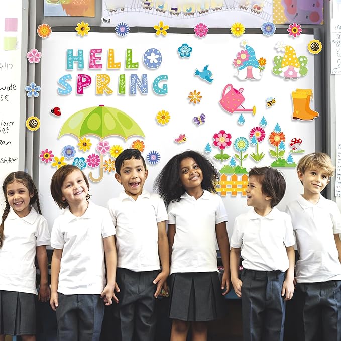 Konsait Spring Bulletin Board Decorations, 68Pcs Spring Bulletin Board Set, Big Umbrella Flowers Waterdrop Spring Cutouts for Home Office Classroom Blackboard Wall Decoration