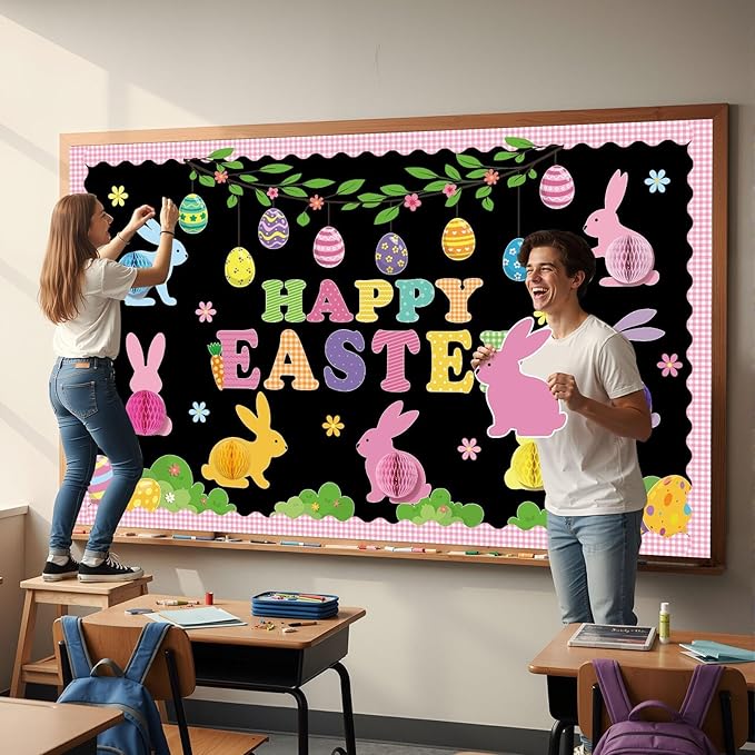 Pajean Happy Easter Bulletin Board Set 3D Honeycomb Classroom Decoration Easter Bunny Egg Cutouts Spring Bulletin Board Classroom DIY Craft Kit for Party School Chalkboard Home Door Wall Window