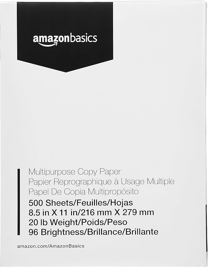 Amazon Basics Multipurpose Copy Printer Paper, 8.5 x 11 Inches, 20 lb Weight, 96 Bright, White, 10 Ream (5,000 Sheets)