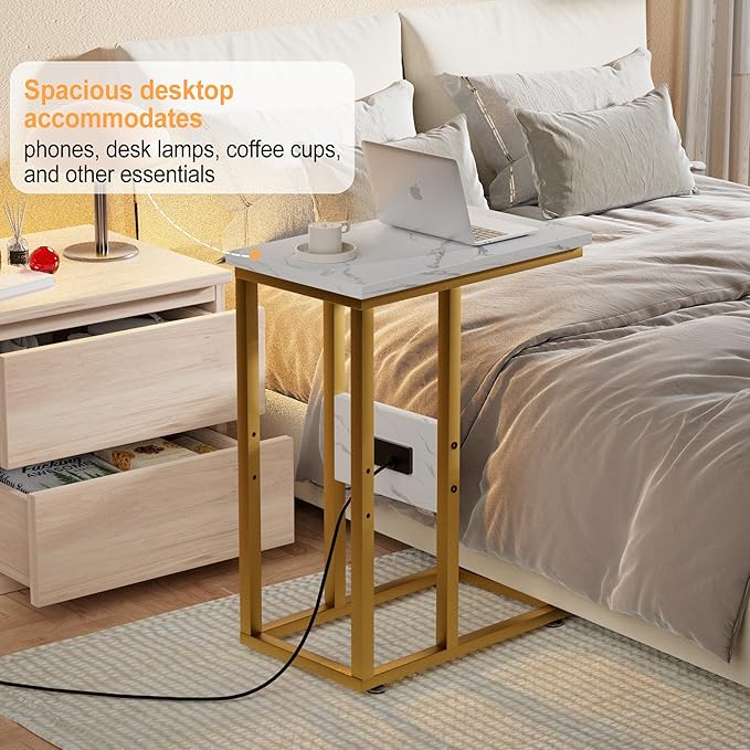 VECELO C Shaped End Table with Charging Station & Power Outlets, Quick Access Side Table for Sofa, C Bedside for Living Room Bedroom 2 Set,Gold