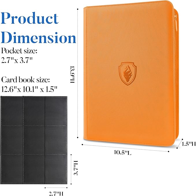 Premium Zip Card Binder, Fabmaker 9 Pocket Trading Card Binder, PU Cover Zipper Card Collection Album, Sturdy 360 Side-Loading Card Folder Holder for Game & Sports Cards, Orange