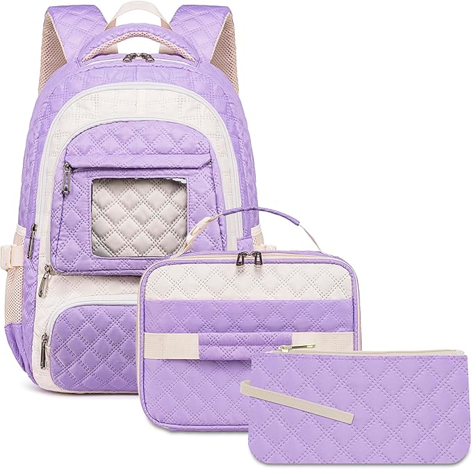 Purple Girls Backpacks with Lunch Box for Teens Kids for Age 6-8 8-10 10-12 Cute School Bag for Middle High School Primary Preppy Bookbag Mochila Para Niñas