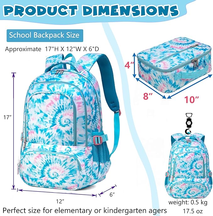 BLUEFAIRY Girls Backpack with Lunch Box for Kids Primary Elemenatry Book Bag Set Middle School Bookbags Set for Teens Childs Back to School Gifts 2 Pcs Blue