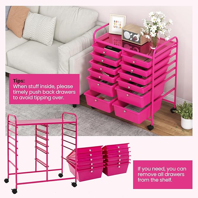 COSTWAY 12-Drawer Rolling Storage Cart, Moveable Art Craft Organizer W/Lockable Wheels, Metal Shelf, Files Arrangement Tools Makeup Storage Cart for Office, Home, School, Hot Pink