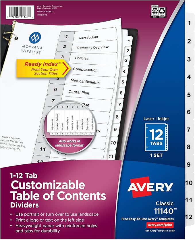 Avery Dividers for 3 Ring Binders, 12 Tabs per Set, Customizable Table of Contents, Classic White Tabs, Great for Organizing Reports, Projects, and More (11140)