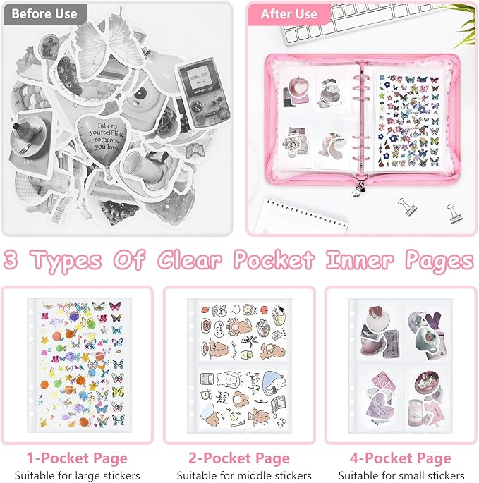 Sticker Storage Organizer Binder A5 Sticker Collecting Book Reusable Zipper Album with Clear Laser Star Cover and Pocket Pages (Pink)