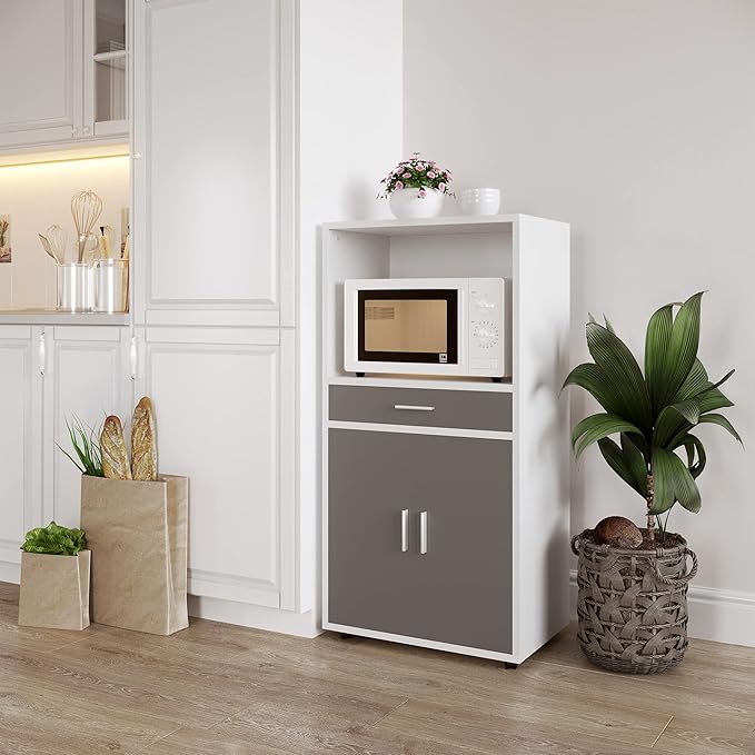 Microwave Stand with Drawer - Rolling Storage Cabinet with Doors and Locking Wheels - Freestanding Kitchen Storage by Lavish Home (White and Gray)