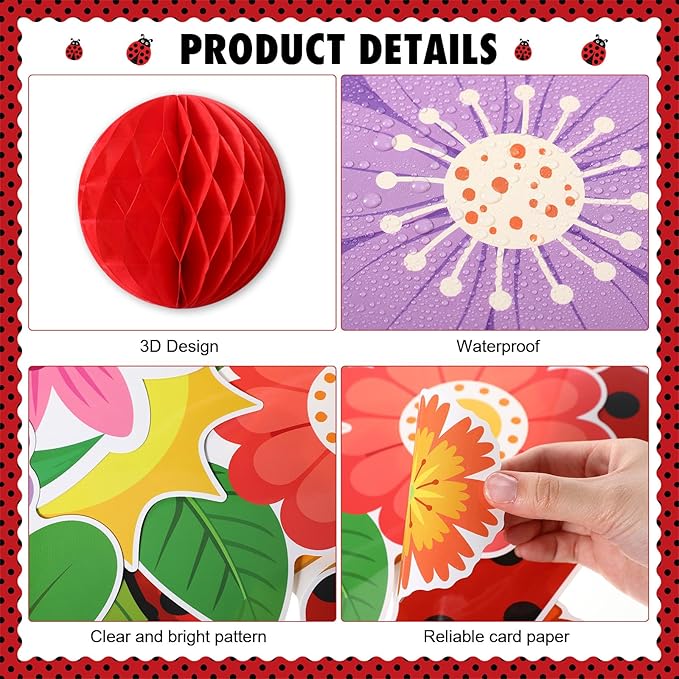 Pajean 73 Pcs 3D Spring Bulletin Board Decorations with Ladybug Honeycomb Spring Bulletin Board Set Colorful Flowers Floral Cutouts for Holiday School Office Home Nursery Wall Decor Supplies