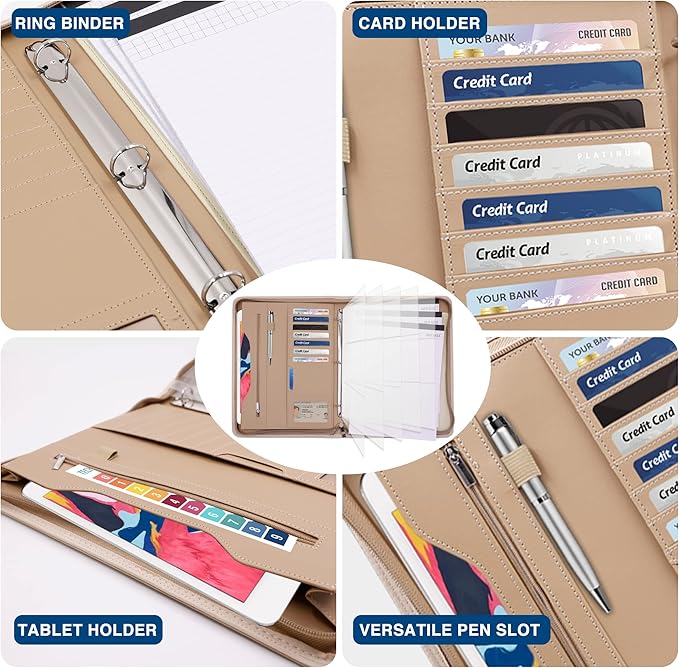 3-Ring Padfolio Portfolio Binder Organizer,PU Leather Folder Binder Business Planner Notebook Zippered Portfolio for Women/Men with Document Sleeve,Letter/A4 Size Clipboard