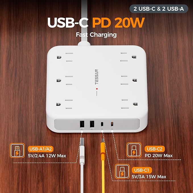 TESSAN Surge Protector Power Strip 2100J, 5 Ft Flat Plug Extension Cord with Multiple Outlets, 4 USB (2 USB C) 6 Outlets, 1875W 15A, 20W Multiple Desk Charging Station for Home, Office, Dorm Room